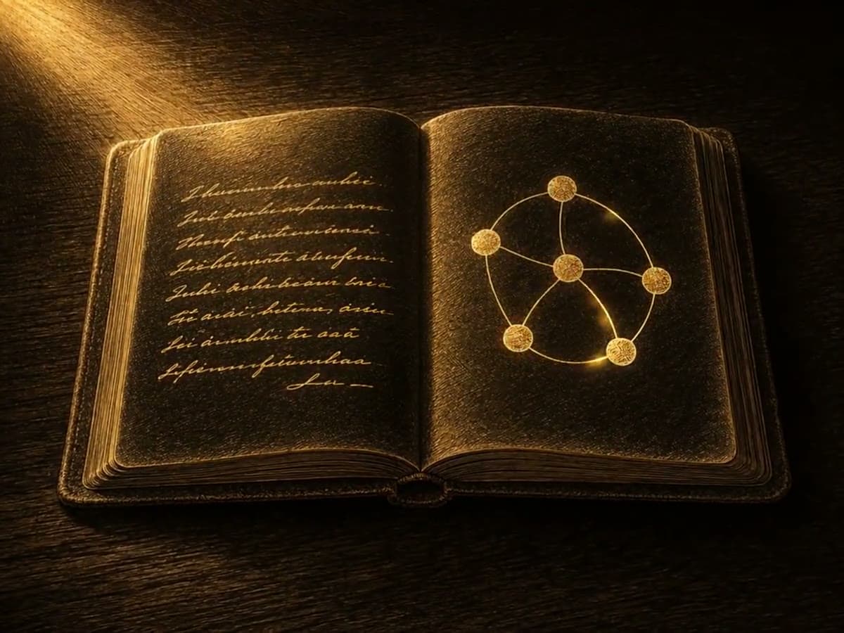 An open ledger with a workflow diagram, rendered as a gold engraving