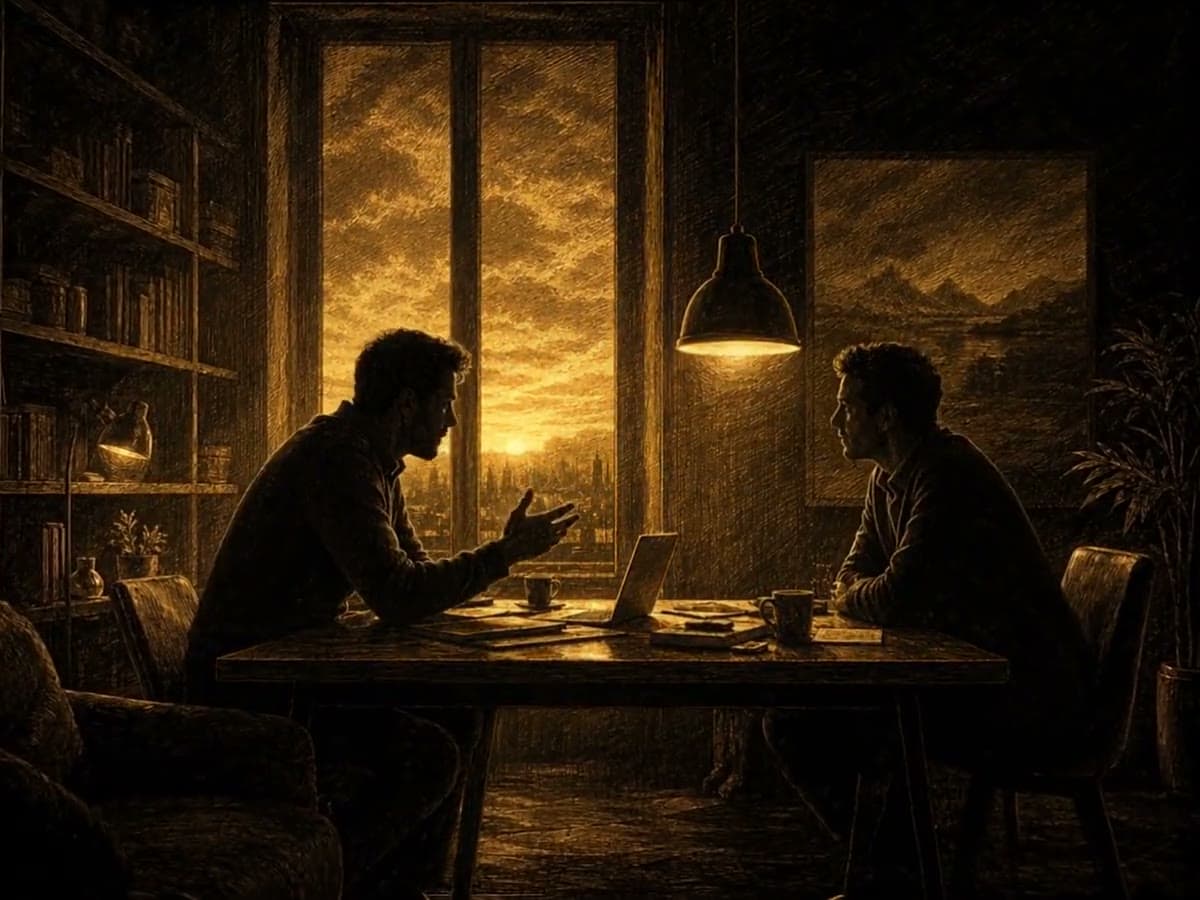 Two people in conversation at a desk by a window at golden hour