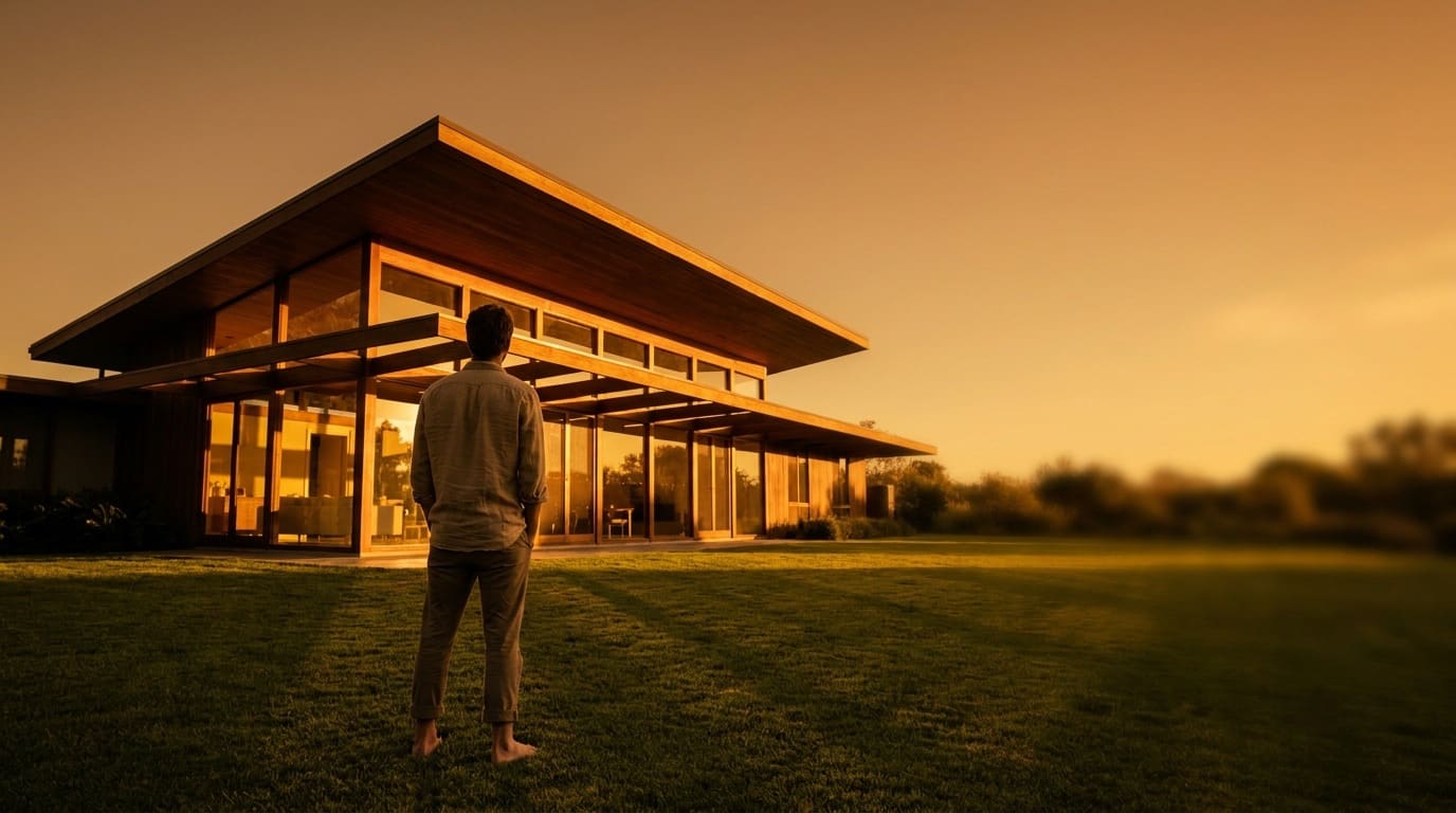 An architect standing on the lawn outside a finished mid-century-modern home at golden hour, gazing up at the building she designed — the work that gets to be the only work