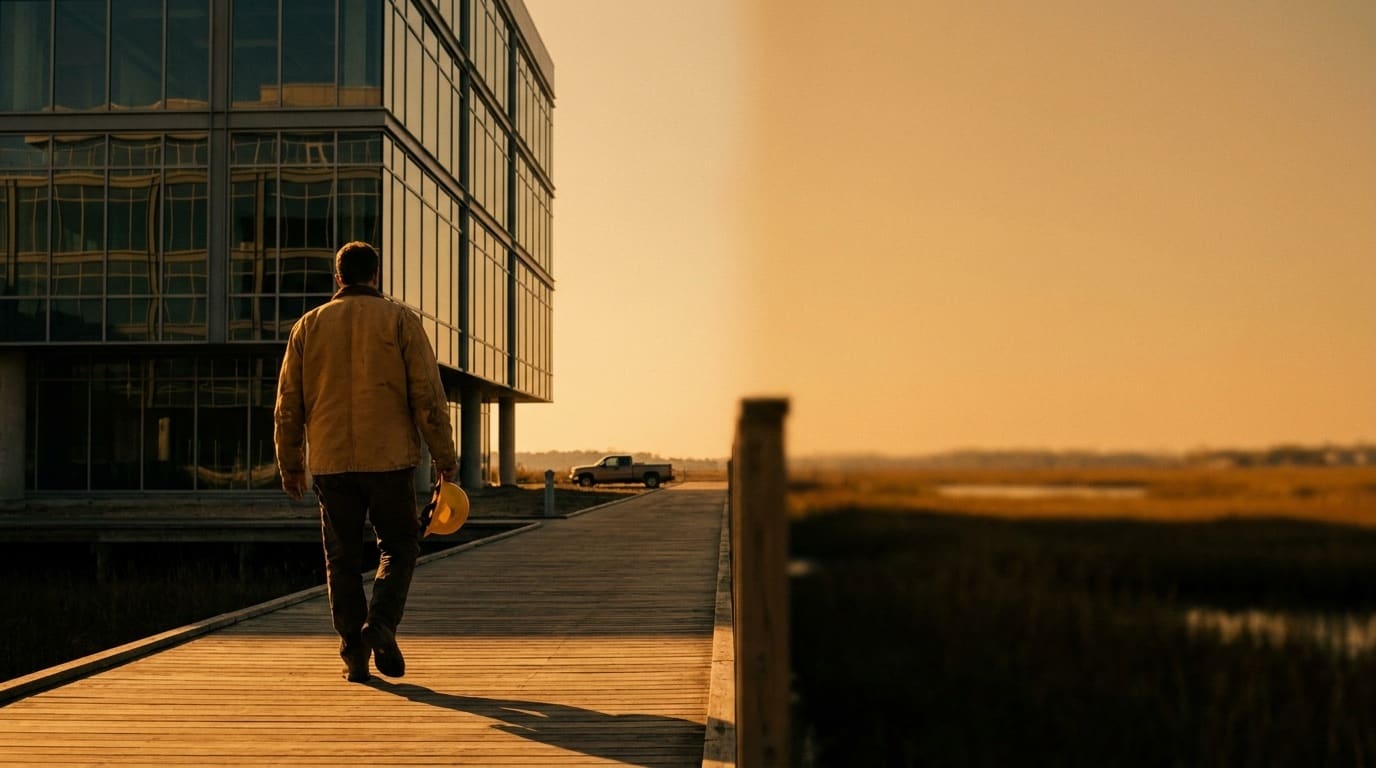 A builder walking away from a freshly-completed mid-rise at golden hour, hard hat at his side — the day is done